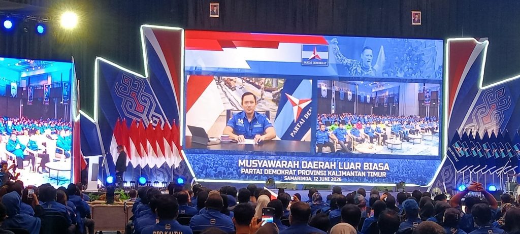 Ketua Umum Partai Demokrat, Agus Harimurti Yudhoyono(AHY) saat memberikan sambutan secara vitual dalam gelaran Musda Ke-IV Partai Demokrat Kaltim, Jum'at(12/06/2026).